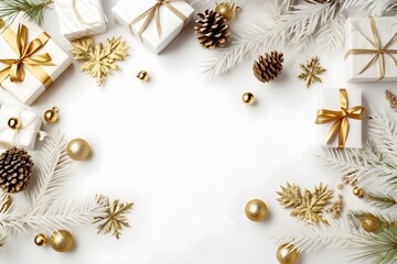 Obraz na płótnie Canvas gold and white Christmas Flat Lay mockup background product photography with presents, pine cones, christmas balls 