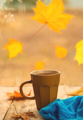 Naklejka na ściany i meble Yellow leaves a cup of autumn tea. Selective focus.
