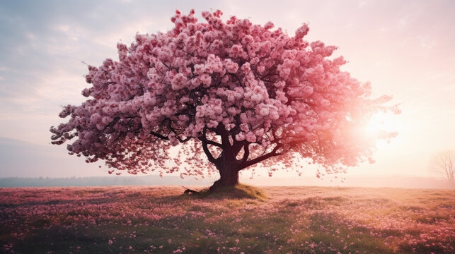 Under the gentle touch of spring's sun, a cherry blossom tree blossoms, adorning the world with soft shades of pink and captivating all who gaze upon its enchanting splendor