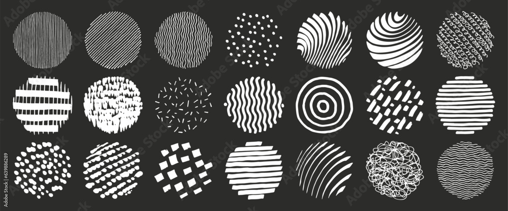 Poster vector hand drawn patterns set. abstract line patterns. modern round icons. texture pattern collecti