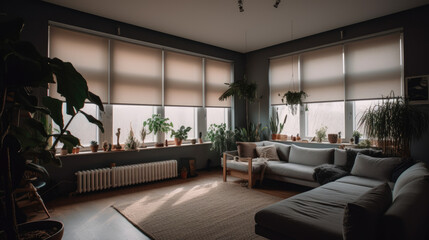 Fototapeta na wymiar Interior roller blinds are installed in the living room, featuring white colored roller shades on the windows. Within the same room, there are also a houseplant and a sofa present.