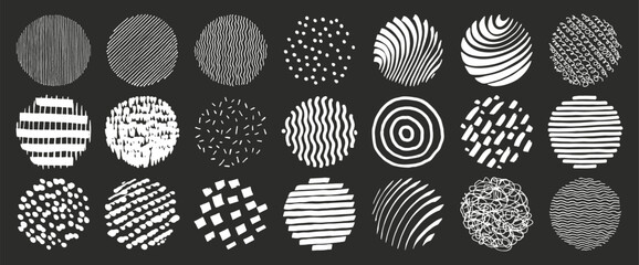 Vector hand drawn patterns set. Abstract line patterns. Modern round icons. Texture pattern collection. Contemporary overlay scribbles isolated on black. Lines, strips, stripes, waves and curves - 639886289