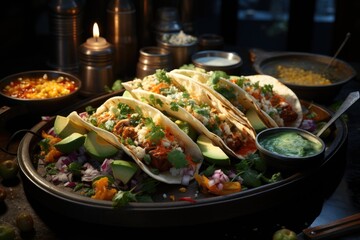 An enticing presentation of colorful tacos, each filled with a unique combination of grilled vegetables, succulent meats, and zesty sauces.