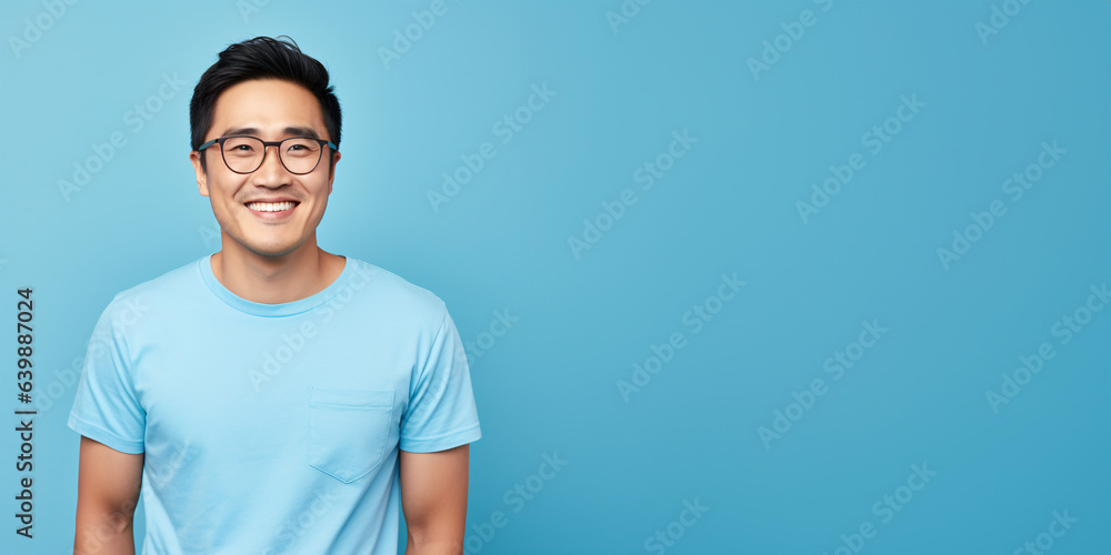 Wall mural Attractive asian man wearing blue tshirt and glasses. Isolated on blue background.