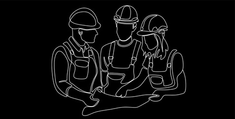 Single continuous line drawing of young construction manager giving instruction to builder coordinator. Building architecture business concept. One line draw design vector black background
