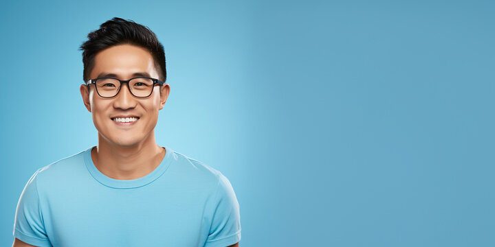 Attractive asian man wearing blue tshirt and glasses. Isolated on blue background.