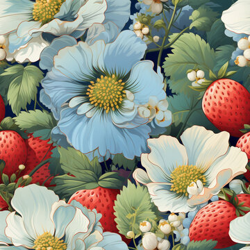 Seamless floral ornamental pattern. Strawberry with fruits and flowers on a blue background. Vector illustration.