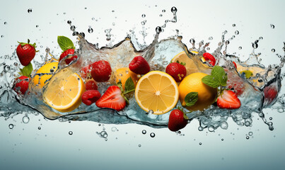 Fruit background of berries and citrus fruits on a light background.