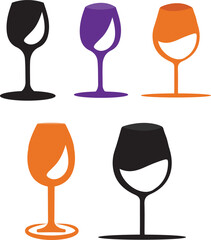 Vector set of five wine glasses. Vector isolated elements. Different stages of fullness. Illustration isolated on white background.