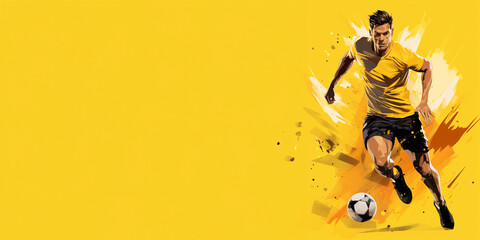 Fototapeta na wymiar Football player isolated on solid yellow background. Sports banner, copy space.