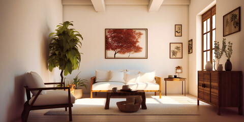 Fototapeta premium Wooden furniture and pictures adorn a serene white living room, harmoniously blending warmth and modern aesthetics in a tranquil setting.