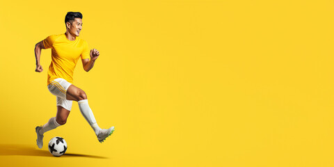 Fototapeta na wymiar Handsome asian football player isolated on yellow background.