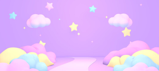 3d rendered cartoon purple dreamy land with colorful clouds and stars.