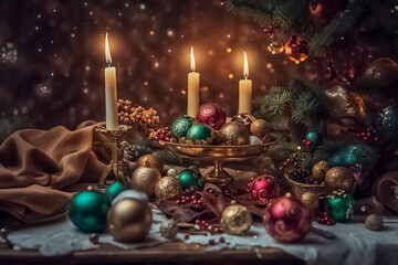 Decorazioni di Natale still life, palline e candele