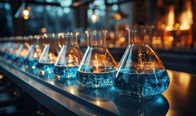Laboratory test tubes, flasks on a blurred background.