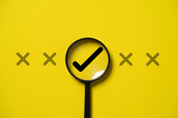 Correct sign mark inside magnifier glass among cross mark for focusing approve and reject business...