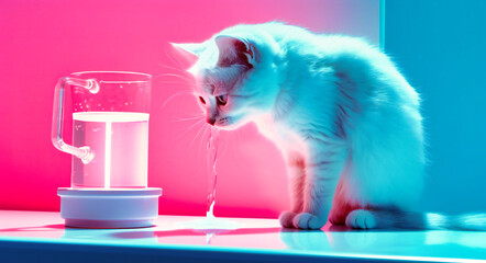 An elegant cat gracefully hydrates from a modern device, seamlessly blending its natural grace with contemporary convenience. - obrazy, fototapety, plakaty