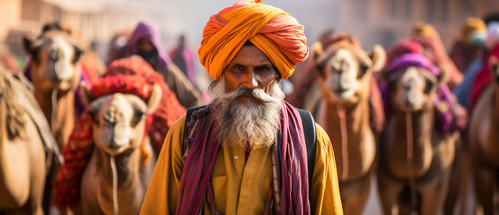 Fototapeta premium Indian old man leading a camels caravan through the desert