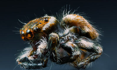 ragno saltatore jumping spider super macro profile view 4k - obrazy, fototapety, plakaty