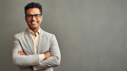 Confident Indian businessman in 40s, black hair, light suit