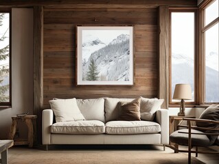 alpine cabin interior living room space, rustic-inspired design, modern furniture, painting canvas on the wall