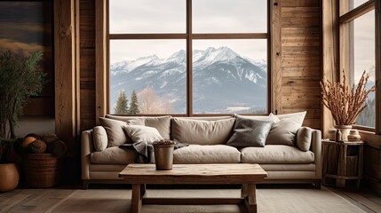 alpine cabin interior living room space, rustic-inspired design, modern furniture, large windows with winter alpine view