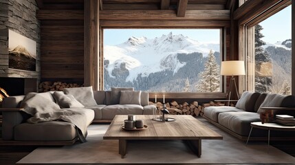alpine cabin interior living room space, rustic-inspired design, modern furniture, painting canvas on the wall
