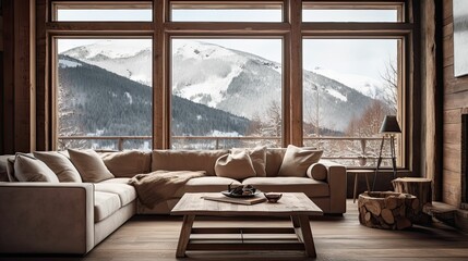 alpine cabin interior living room space, rustic-inspired design, modern furniture, large windows with winter alpine view