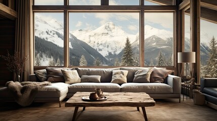alpine cabin interior living room space, rustic-inspired design, modern furniture, large windows with winter alpine view