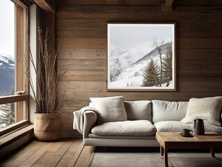 alpine cabin interior living room space, rustic-inspired design, modern furniture, painting canvas on the wall