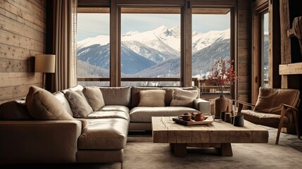 alpine cabin interior living room space, rustic-inspired design, modern furniture, large windows with winter alpine view