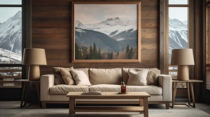 alpine cabin interior living room space, rustic-inspired design, modern furniture, painting canvas on the wall