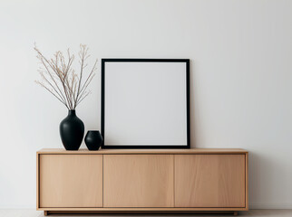 Mock up black square frame, Empty square frame mockup in modern minimalist interior on white wall...