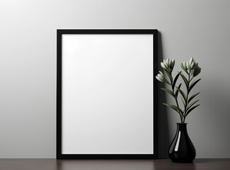 Mock up black square frame, Empty square frame mockup in modern minimalist interior on white wall...