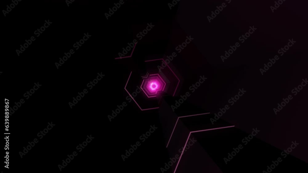 Poster high tech digital pink tunnel animation video on dark black background. neon sci-fi futuristic tunne