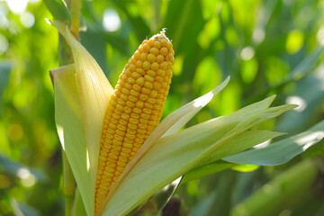 Corn cob peeled in corn field. Corncob in sunlight with bokeh on natural summer background.