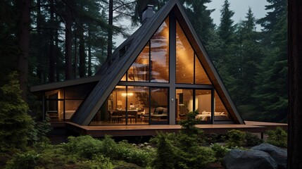 Fototapeta premium Wooden summer house with panoramic windows in the forest