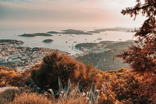 Vintage city of Hvar and Paklinski Islands panorama