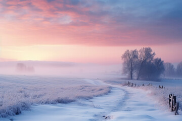 Beautiful fantastic sky background of sunrise over snowy countryside landscape in winter snowy...