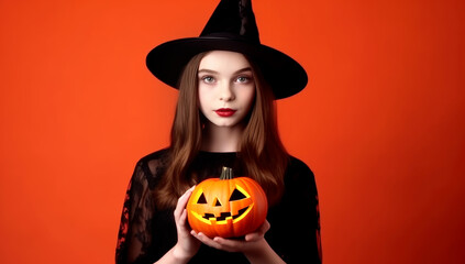 A girl on yellow background, Halloween concept. AI generated