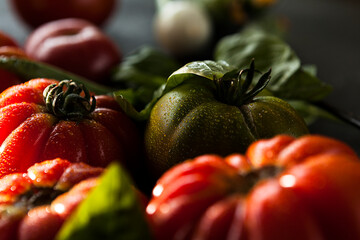 ripe fresh tomatoes and cucumbers of different varieties