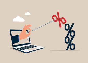 Computer reduce interest rates. Flat vector illustration