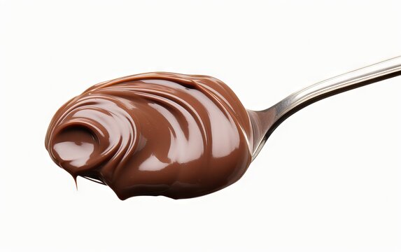 Spoon of melted chocolate hazelnut cream isolated on a white background