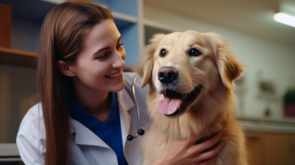 Beautiful Female Veterinarian Petting a Noble Golden Retriever Dog. Healthy Pet on a Check Up Visit in Modern Veterinary Clinic with Happy Caring Doctor - obrazy, fototapety, plakaty