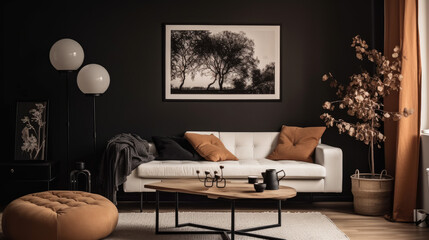 Living room interior with mock up poster frame, white sofa, stylish coffee table, brown wall, modern pouf, plaid, black pillow, vase with branch and personal black accessories. Home decor.