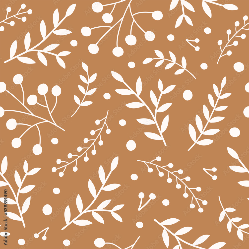 Poster monochrome seamless pattern with white branches rowan berries and leaves on a brown background. seas