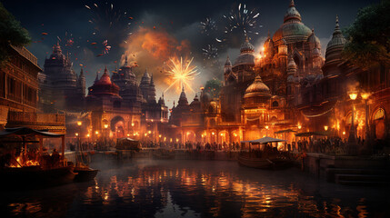 Fototapeta na wymiar Indian festival background with diya and night decoration