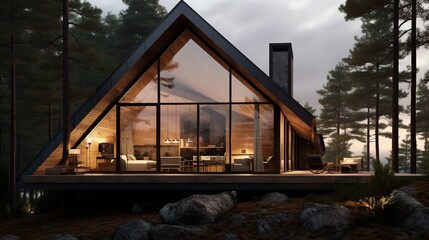 Wooden summer house with panoramic windows in the forest