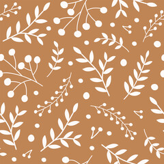 Monochrome seamless pattern with white branches rowan berries and leaves on a brown background. Seasonal design for textile, prints, wrapping paper. Vector illustration