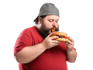 Fat man eating big burger, cut out